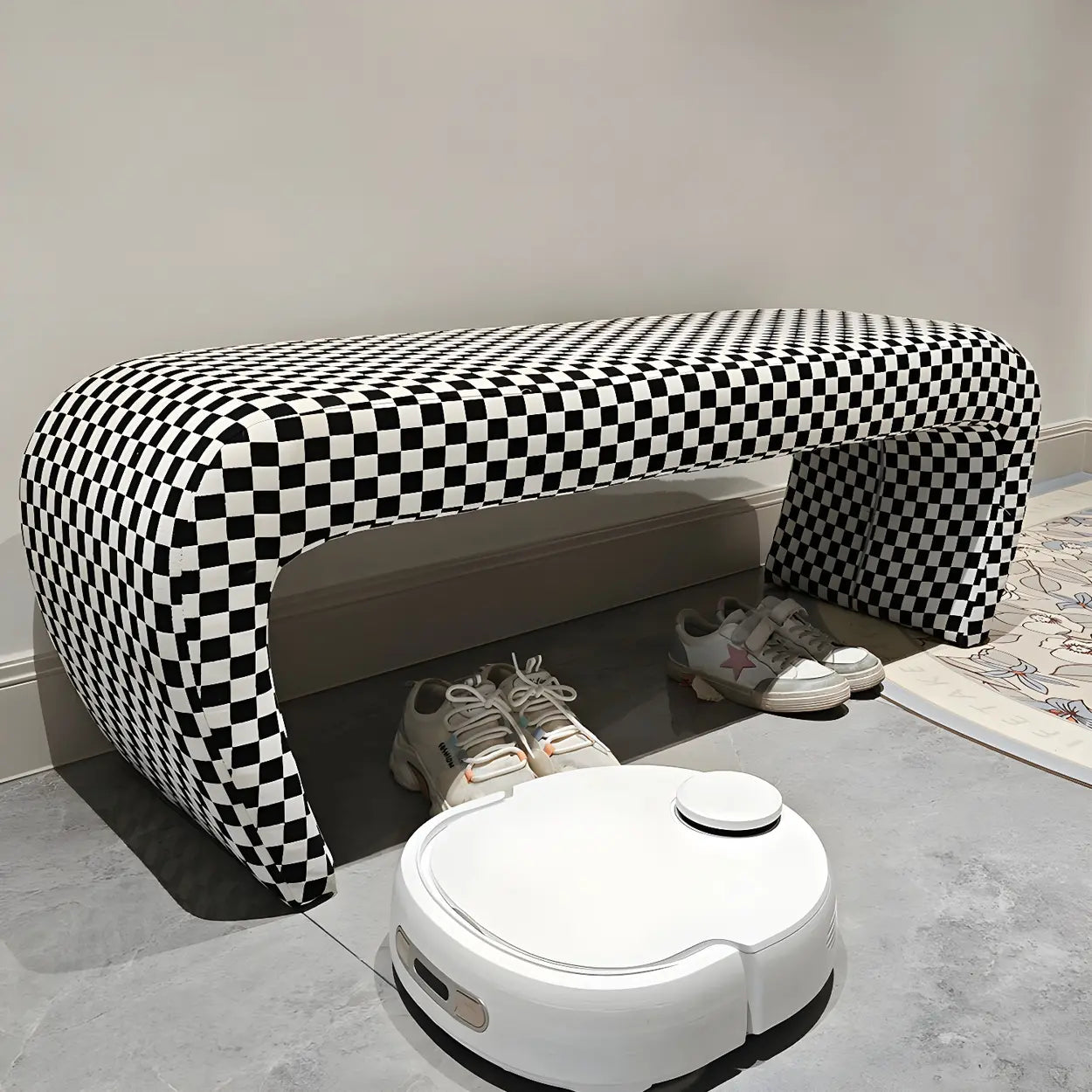 Houndstooth Upholstered Short Entryway Bench — Off-White