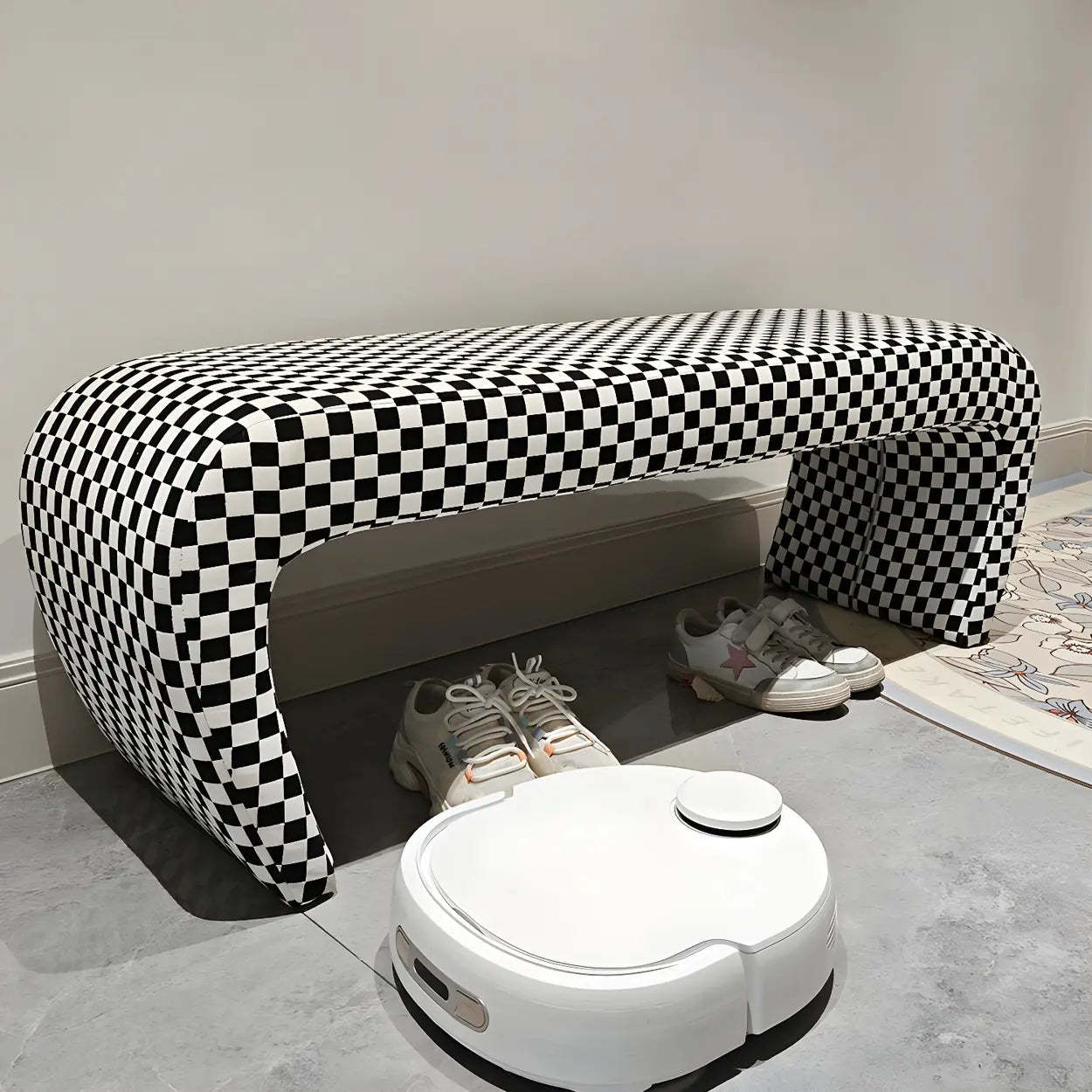 Houndstooth Upholstered Short Entryway Bench — Off-White