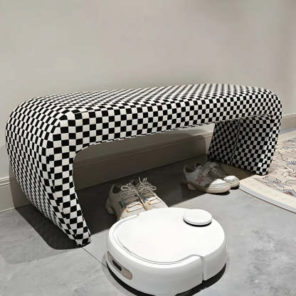 Houndstooth Upholstered Short Entryway Bench — Off-White