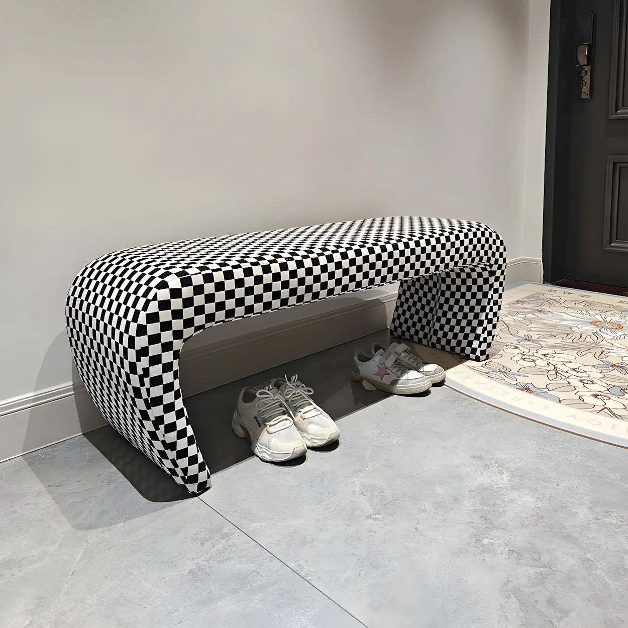 Houndstooth Upholstered Short Entryway Bench — Off-White