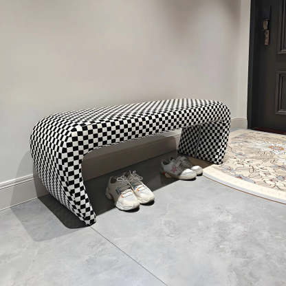 Houndstooth Upholstered Short Entryway Bench — Off-White