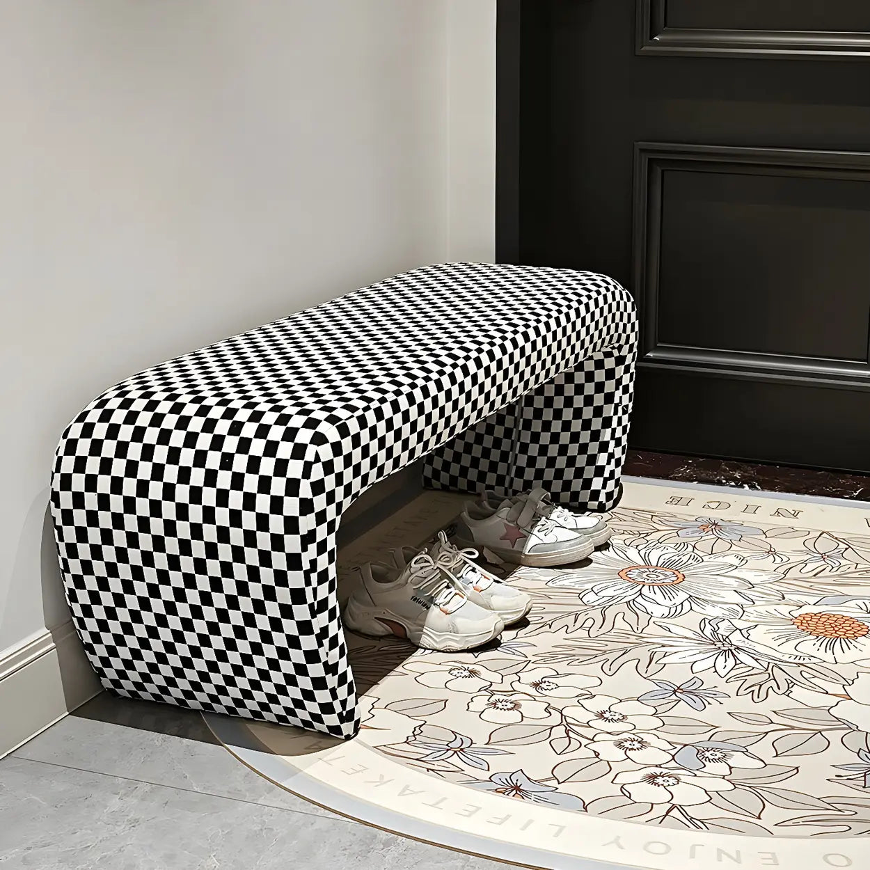 Houndstooth Upholstered Short Entryway Bench — Off-White