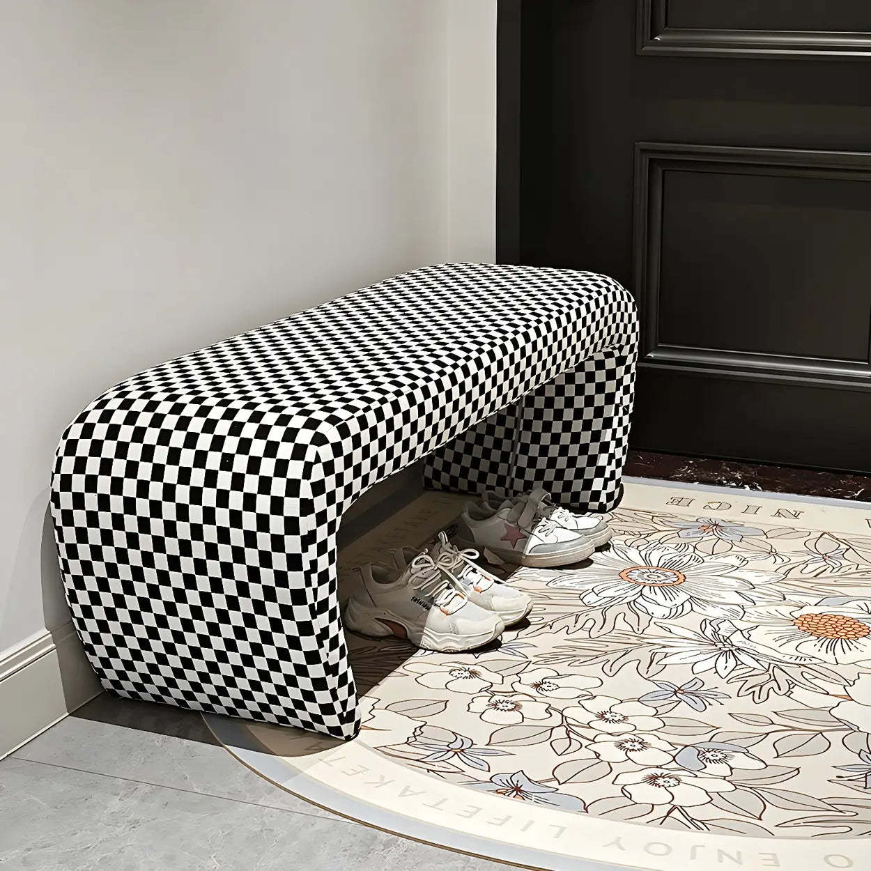 Houndstooth Upholstered Short Entryway Bench — Off-White