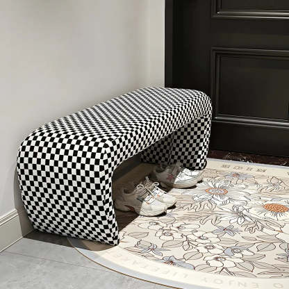 Houndstooth Upholstered Short Entryway Bench — Off-White