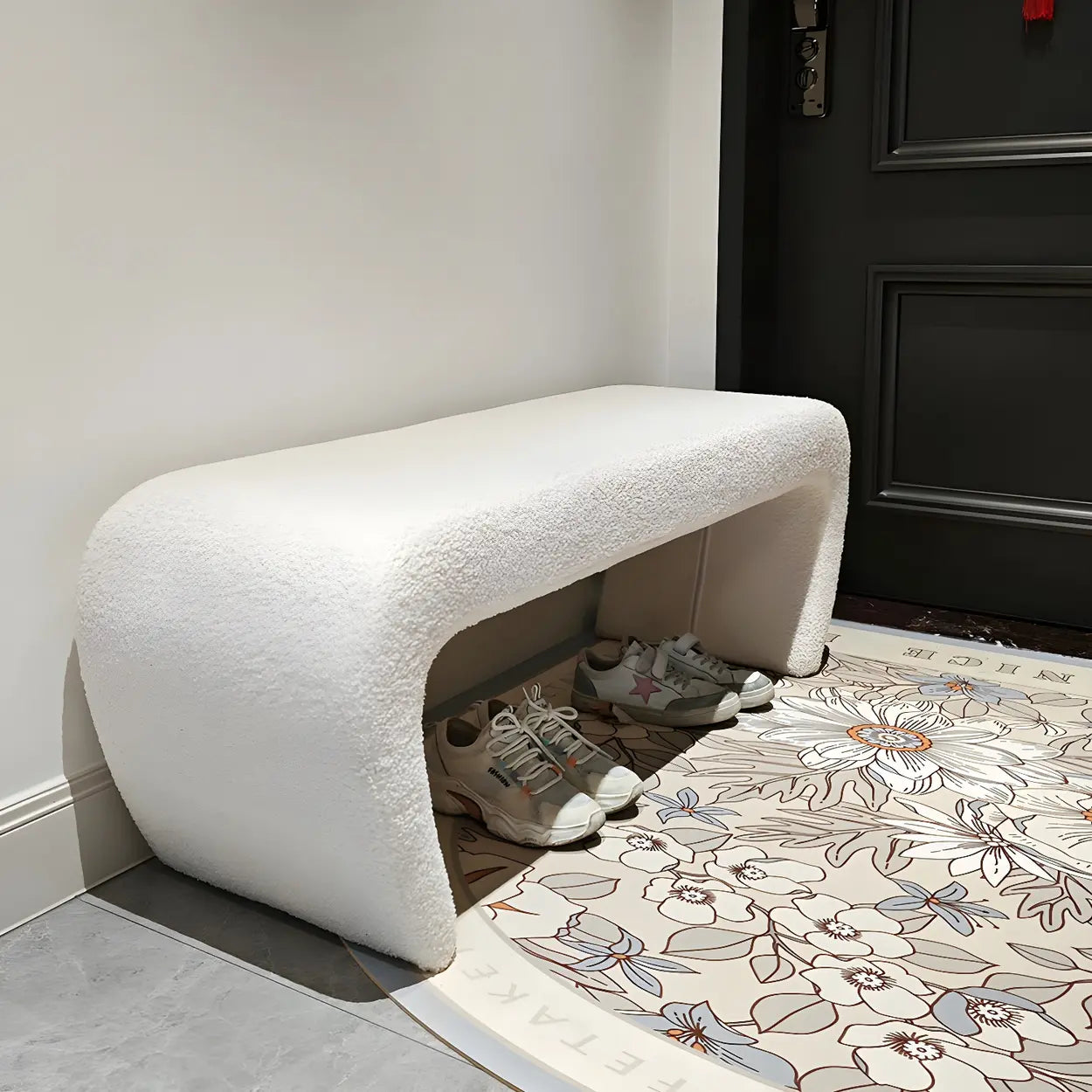 Houndstooth Upholstered Short Entryway Bench — Off-White