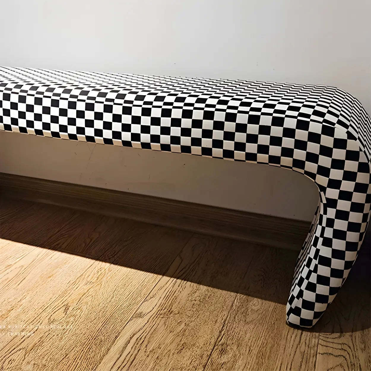 Houndstooth Upholstered Short Entryway Bench — Off-White