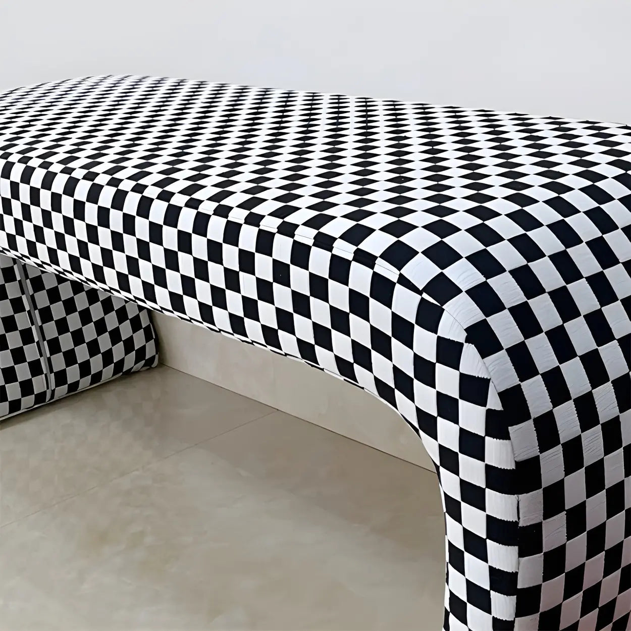 Houndstooth Upholstered Short Entryway Bench — Off-White