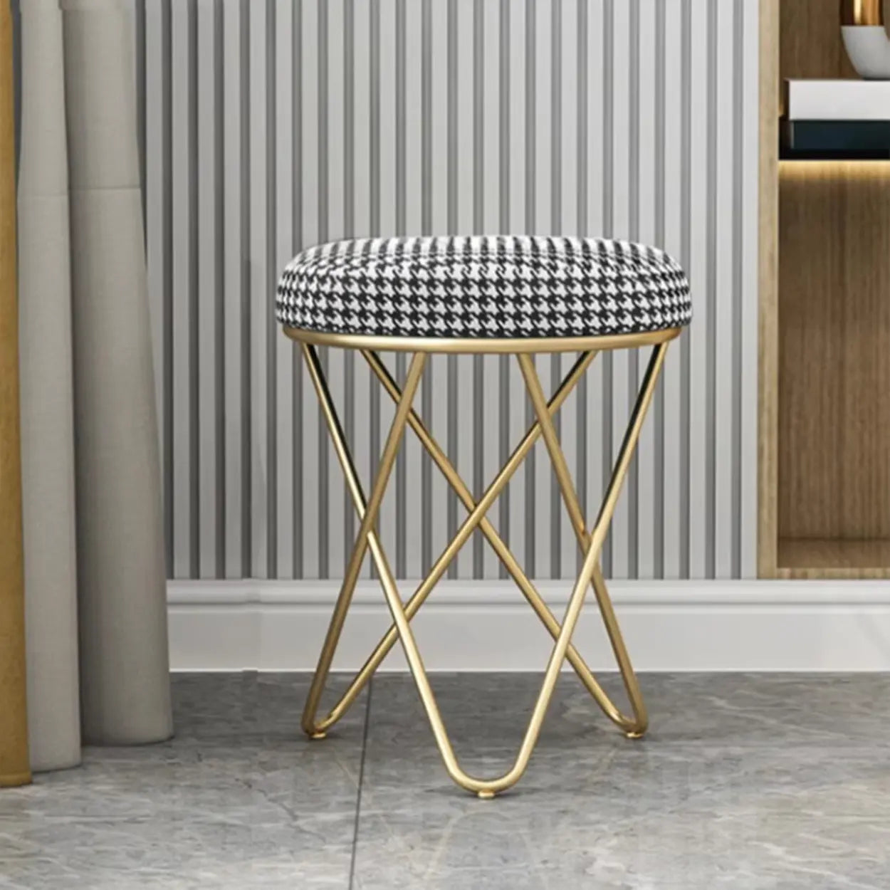 Houndstooth Round Metal Pedestal Vanity Stool — White / 1 Piece