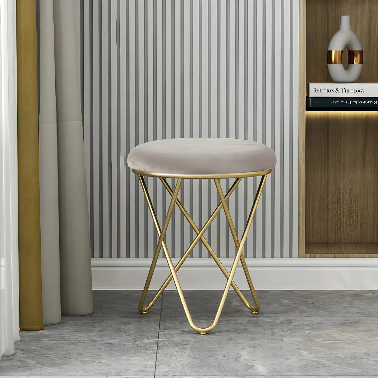 Houndstooth Round Metal Pedestal Vanity Stool — Light Pink / 2 Piece Set