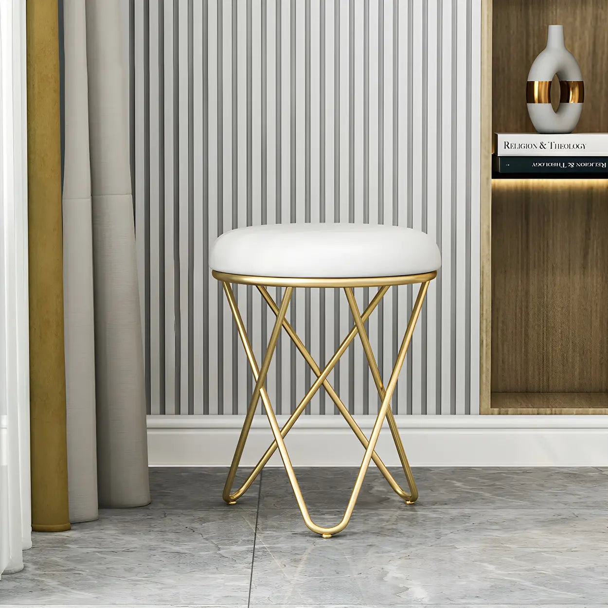 Houndstooth Round Metal Pedestal Vanity Stool — Light Gray / 2 Piece Set