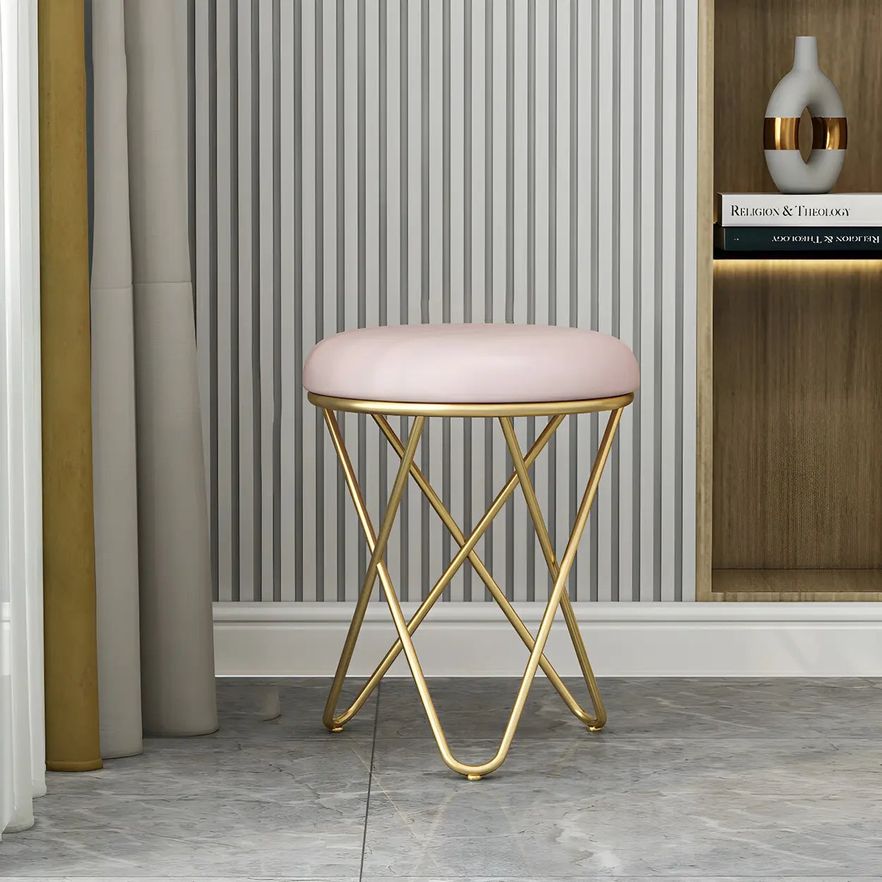Houndstooth Round Metal Pedestal Vanity Stool — Light Blue / 1 Piece