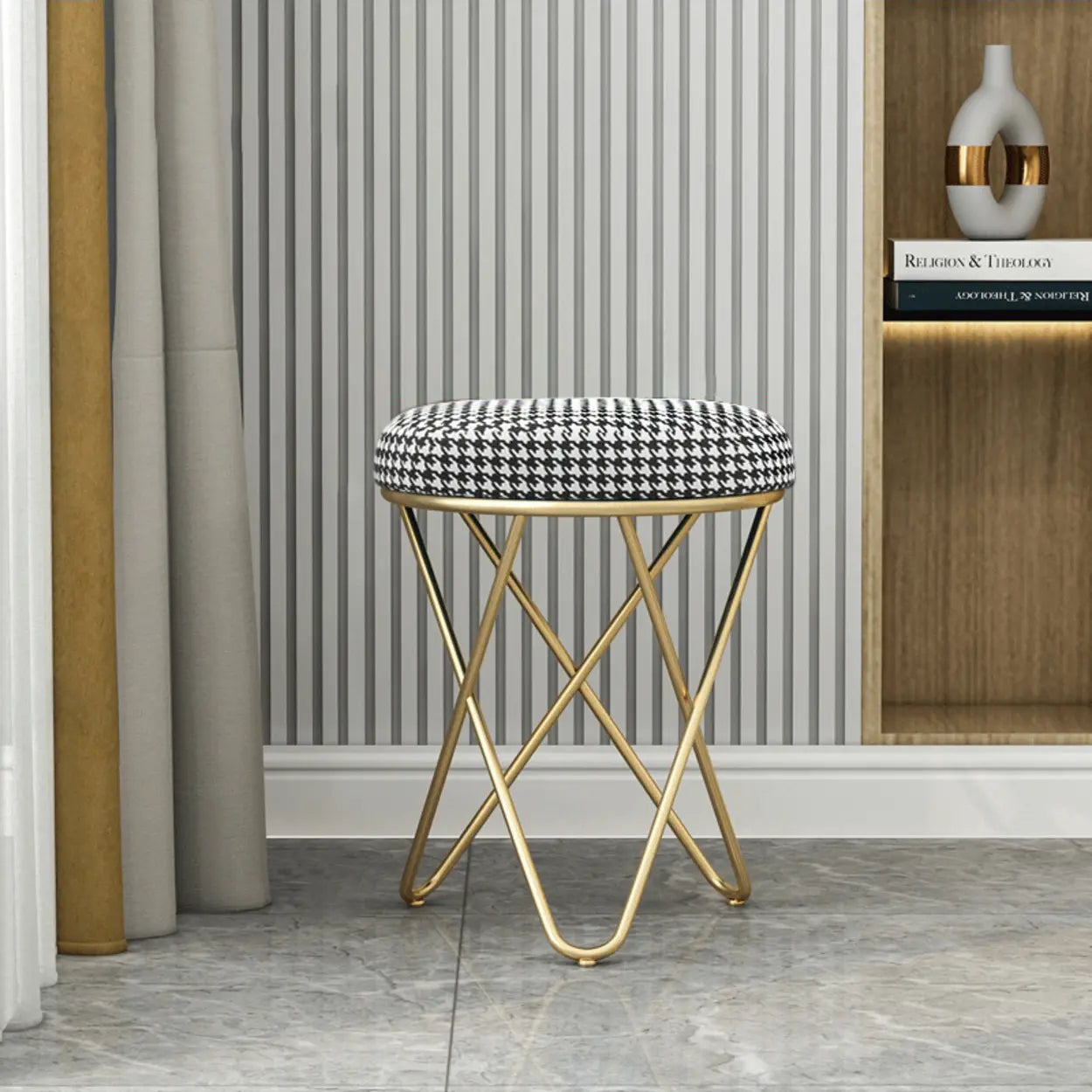 Houndstooth Round Metal Pedestal Vanity Stool — Houndstooth pattern / 2 Piece Set