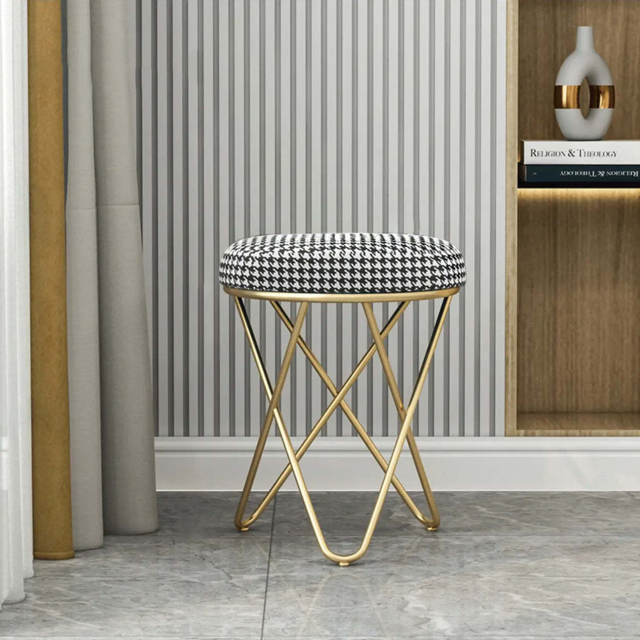 Houndstooth Round Metal Pedestal Vanity Stool — Houndstooth pattern / 2 Piece Set