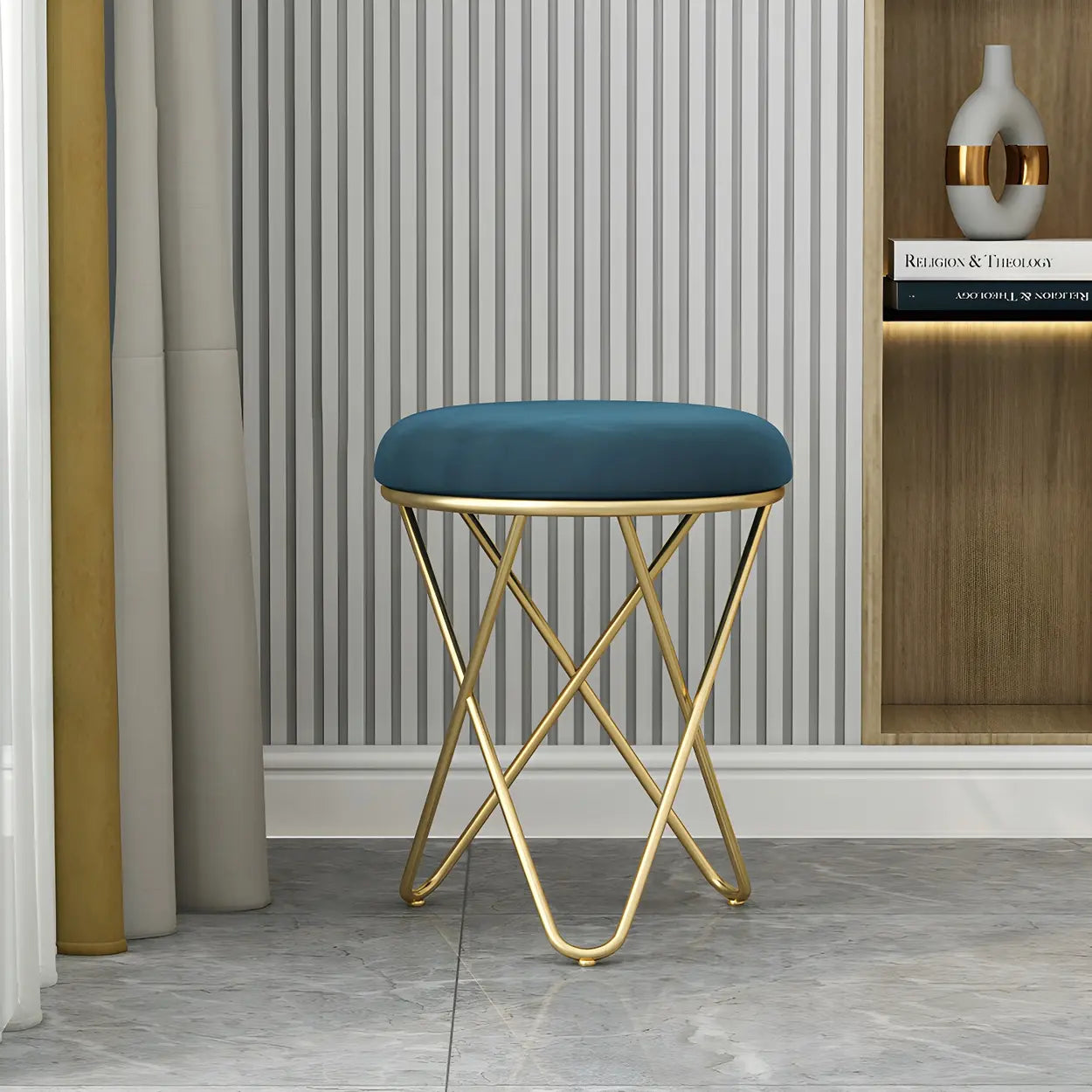 Houndstooth Round Metal Pedestal Vanity Stool — White / 2 Piece Set