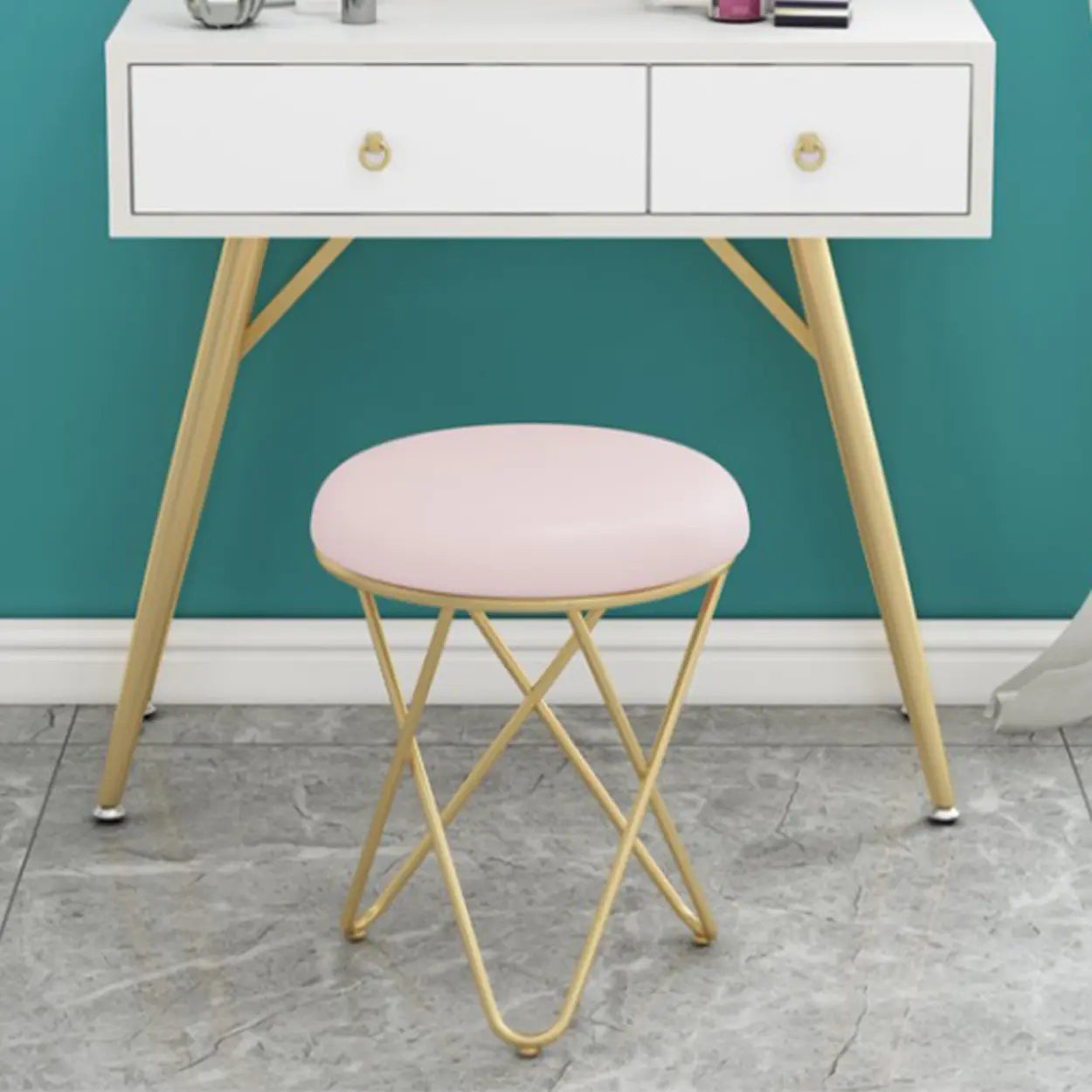 Houndstooth Round Metal Pedestal Vanity Stool