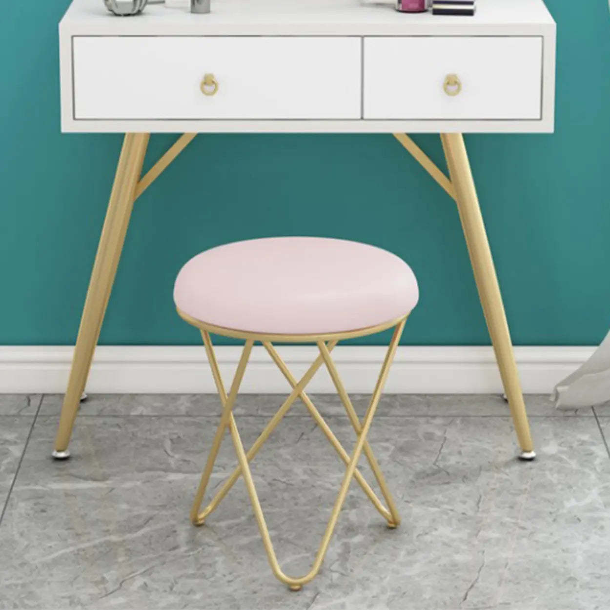 Houndstooth Round Metal Pedestal Vanity Stool