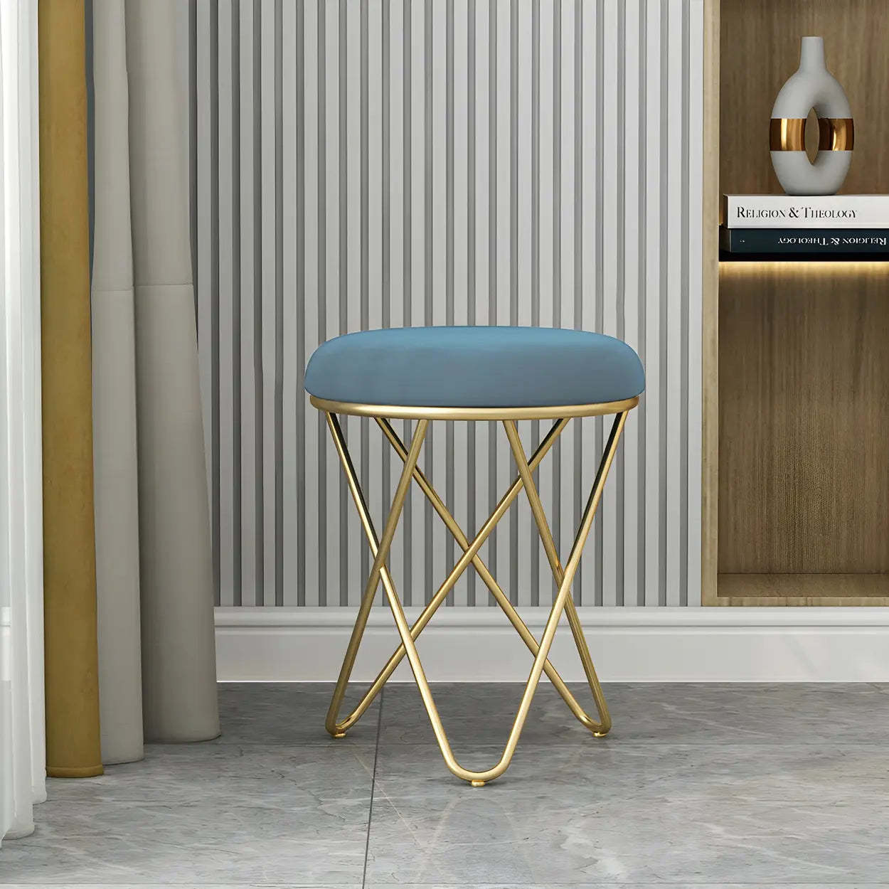 Houndstooth Round Metal Pedestal Vanity Stool — Blue / 2 Piece Set