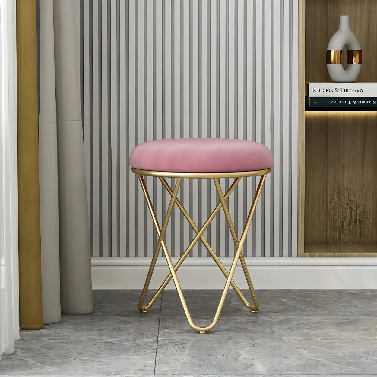 Houndstooth Round Metal Pedestal Vanity Stool — Green / 1 Piece