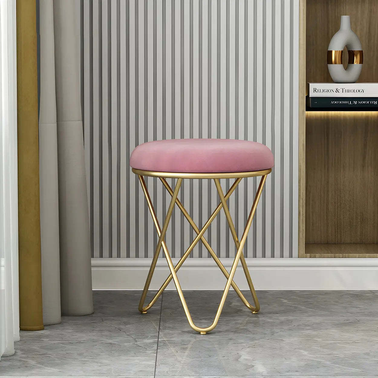 Houndstooth Round Metal Pedestal Vanity Stool — Green / 1 Piece