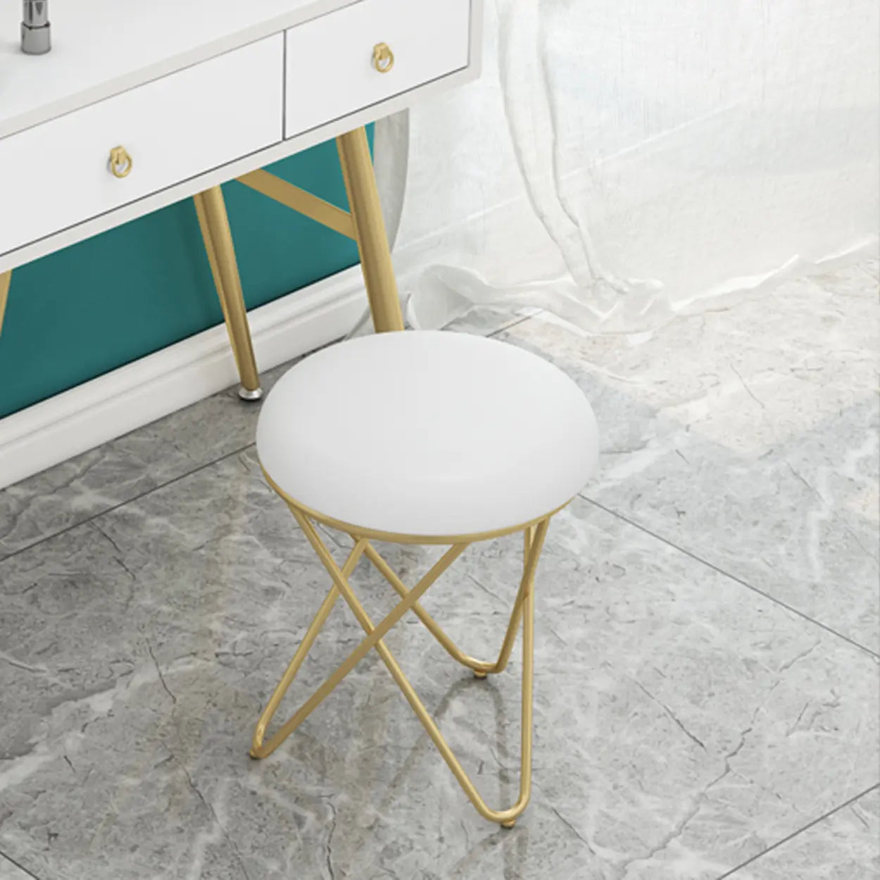 Houndstooth Round Metal Pedestal Vanity Stool — Green / 2 Piece Set