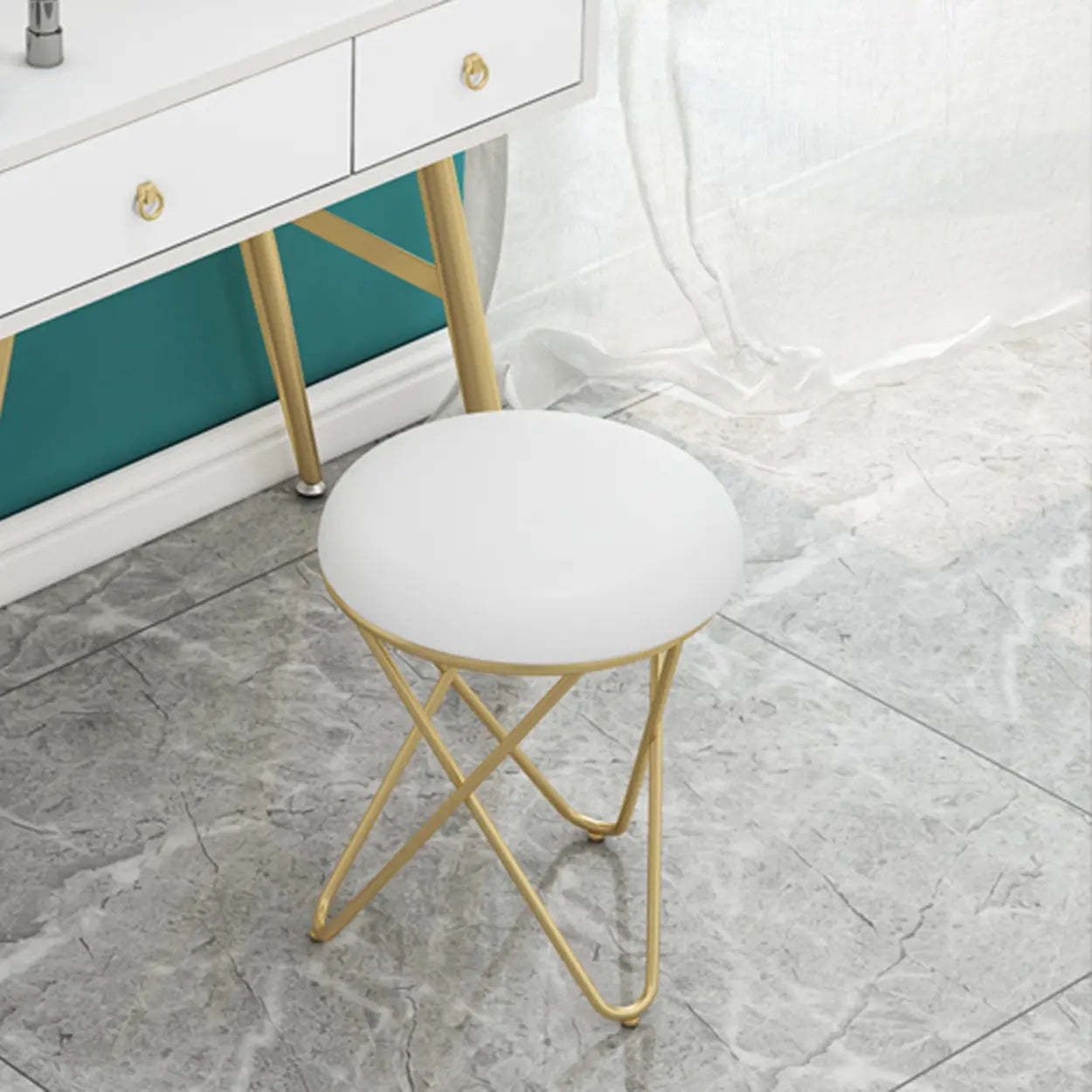 Houndstooth Round Metal Pedestal Vanity Stool — Green / 2 Piece Set