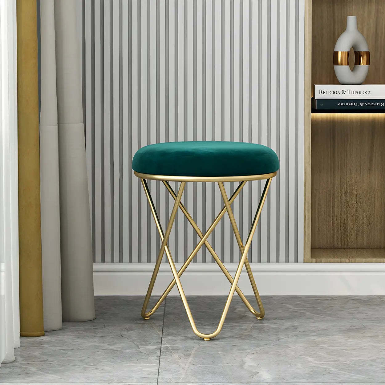 Houndstooth Round Metal Pedestal Vanity Stool — Pink / 1 Piece