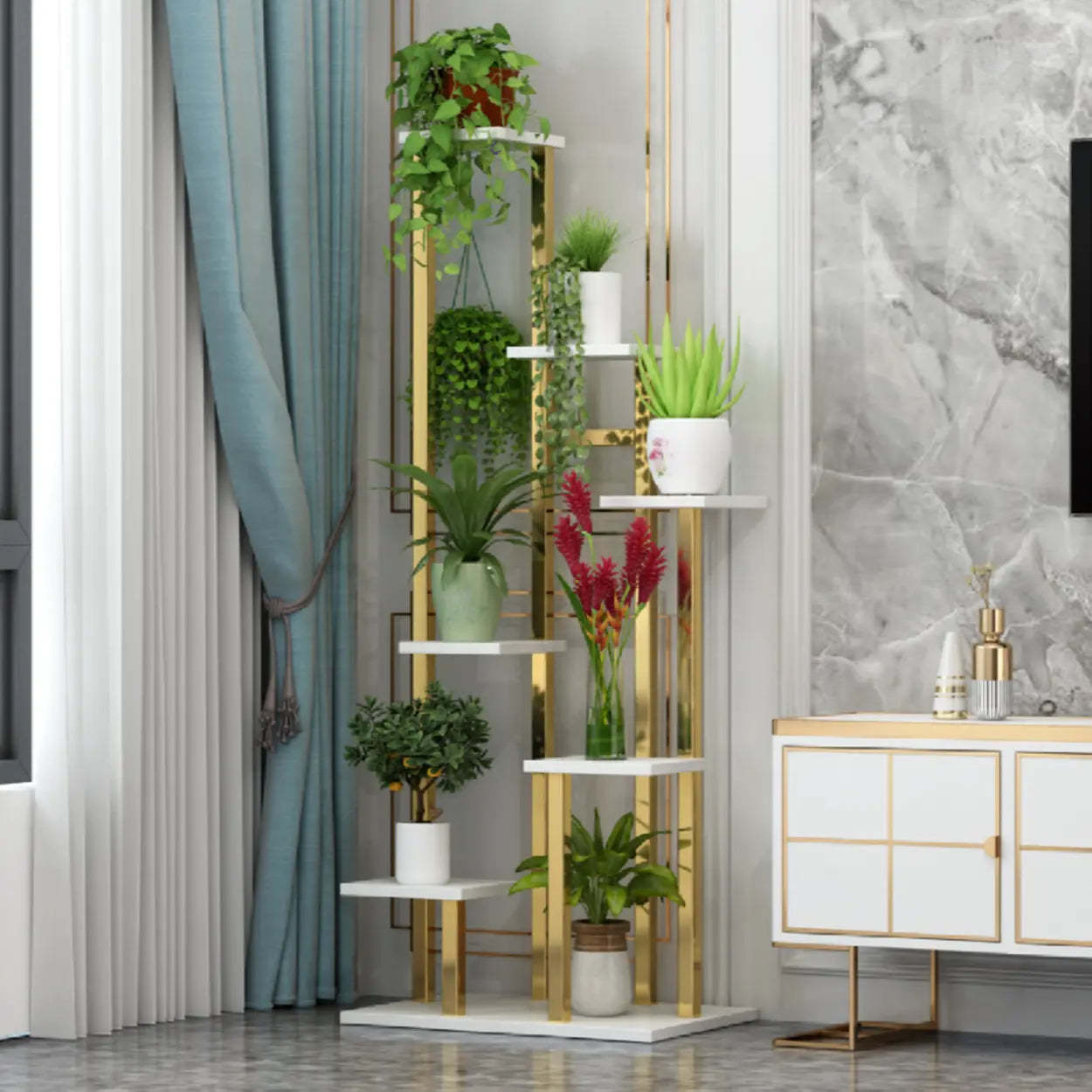 Gold 5-Tier Rectangle Wood Indoor Plant Stand — Gold-White