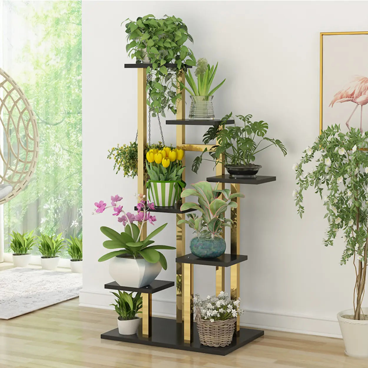 Gold 5-Tier Rectangle Wood Indoor Plant Stand — Gold-White