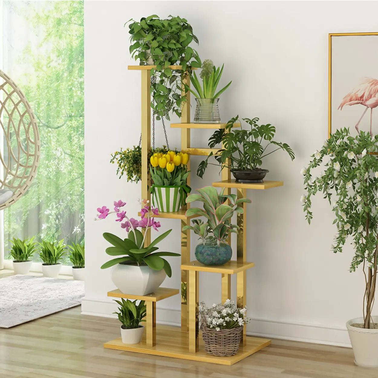 Gold 5-Tier Rectangle Wood Indoor Plant Stand — Gold/ Light Walnut