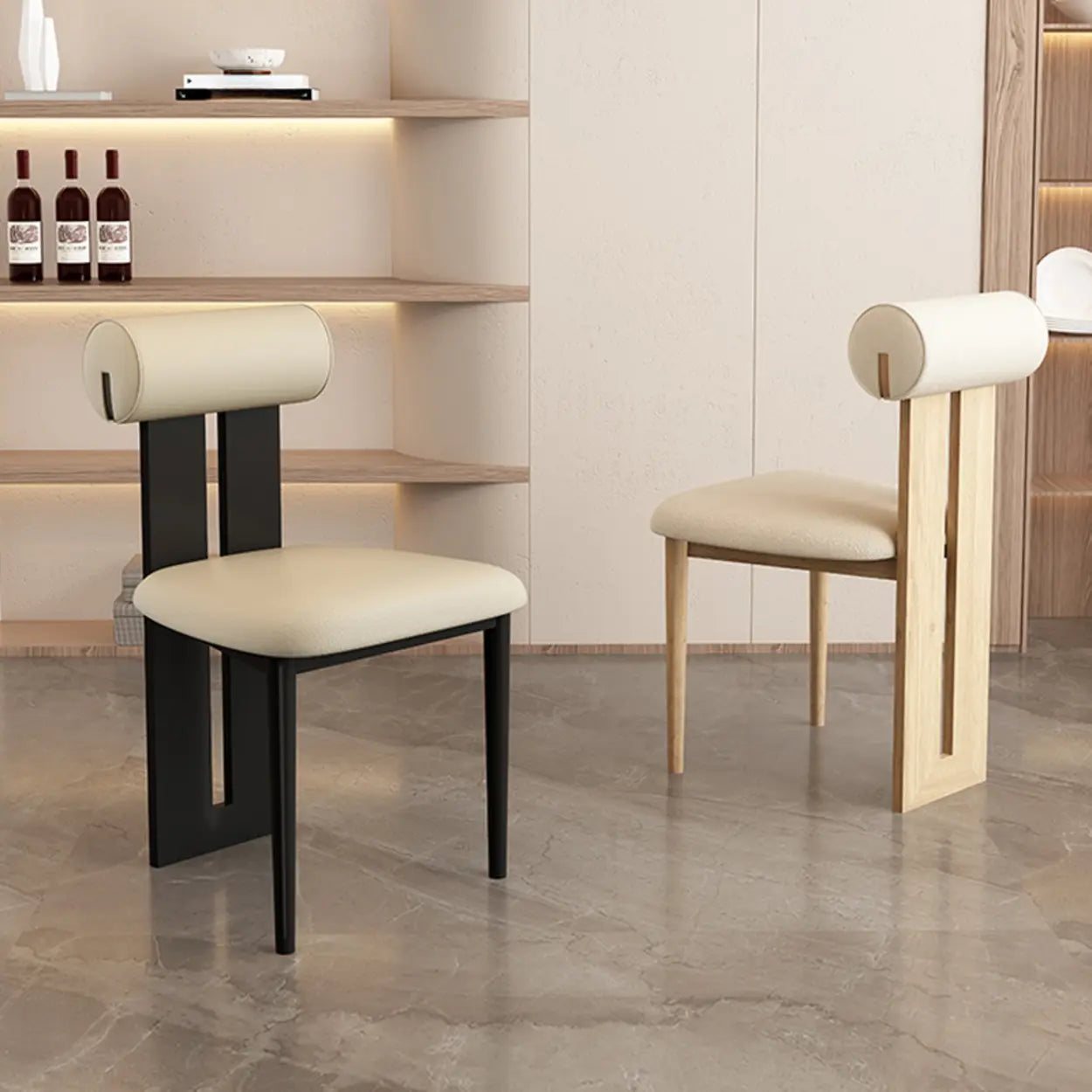Cream Upholstered Slat-Back Dining Chair — Cream White / Microfiber Leather