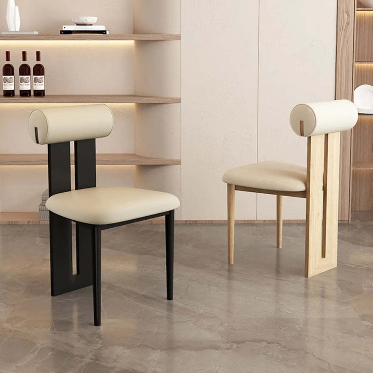 Cream Upholstered Slat-Back Dining Chair — Cream White / Microfiber Leather