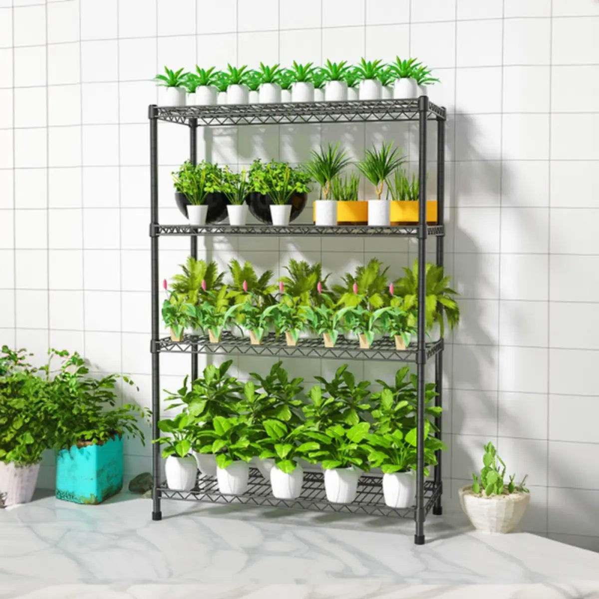 Industrial 4-tier plant black -f1 plant stand h in metal — 28" L x 14" W x 47" H