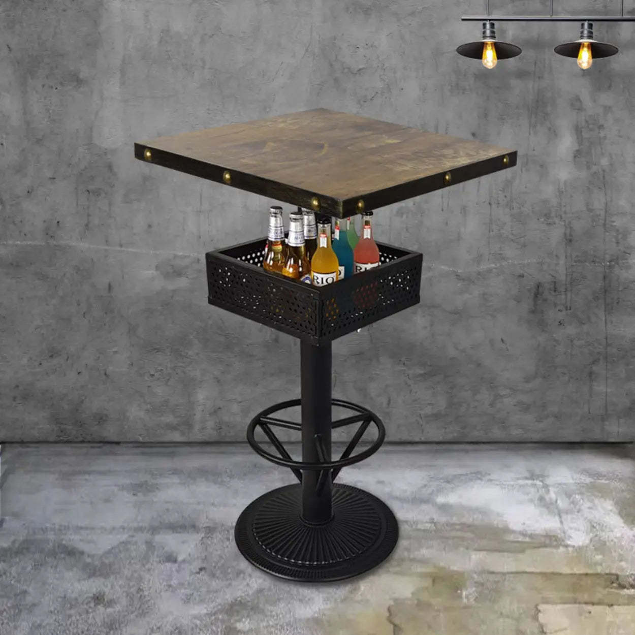 Industrial Black Small Round Bar Table with Shelf — Light Walnut / Square / Table Only