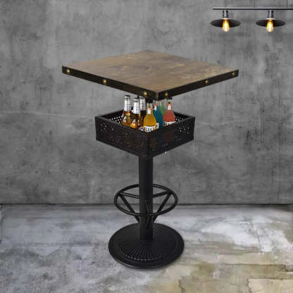 Industrial Black Small Round Bar Table with Shelf — Light Walnut / Square / Table Only