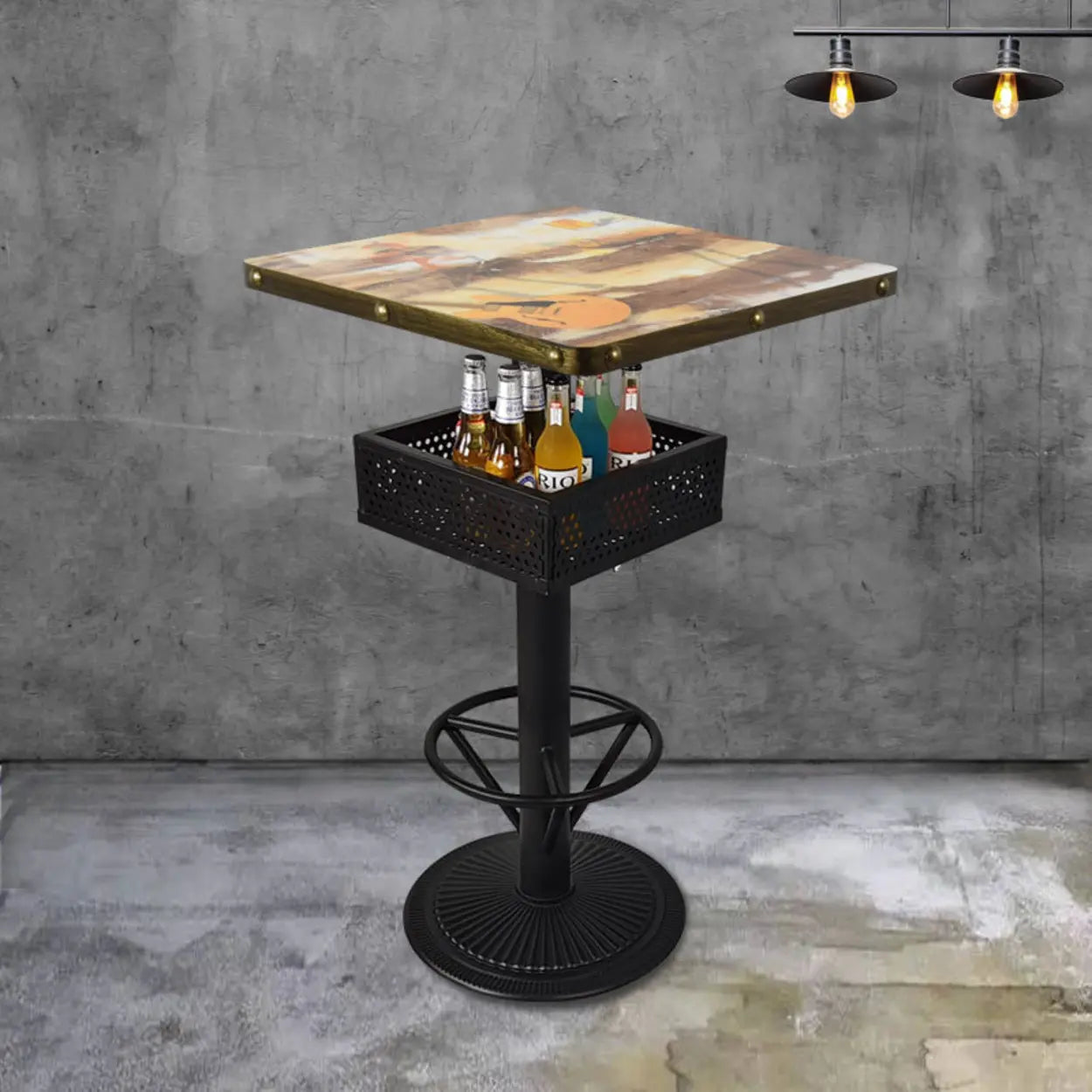 Industrial Black Small Round Bar Table with Shelf — Light Walnut / Rectangular / Table Only