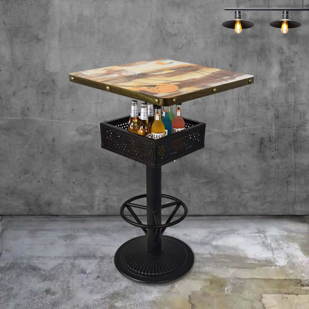 Industrial Black Small Round Bar Table with Shelf — Light Walnut / Rectangular / Table Only