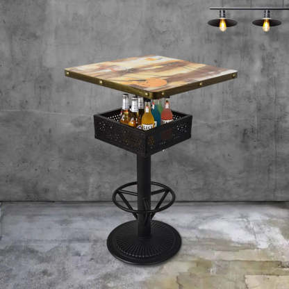 Industrial Black Small Round Bar Table with Shelf — Light Walnut / Rectangular / Table Only