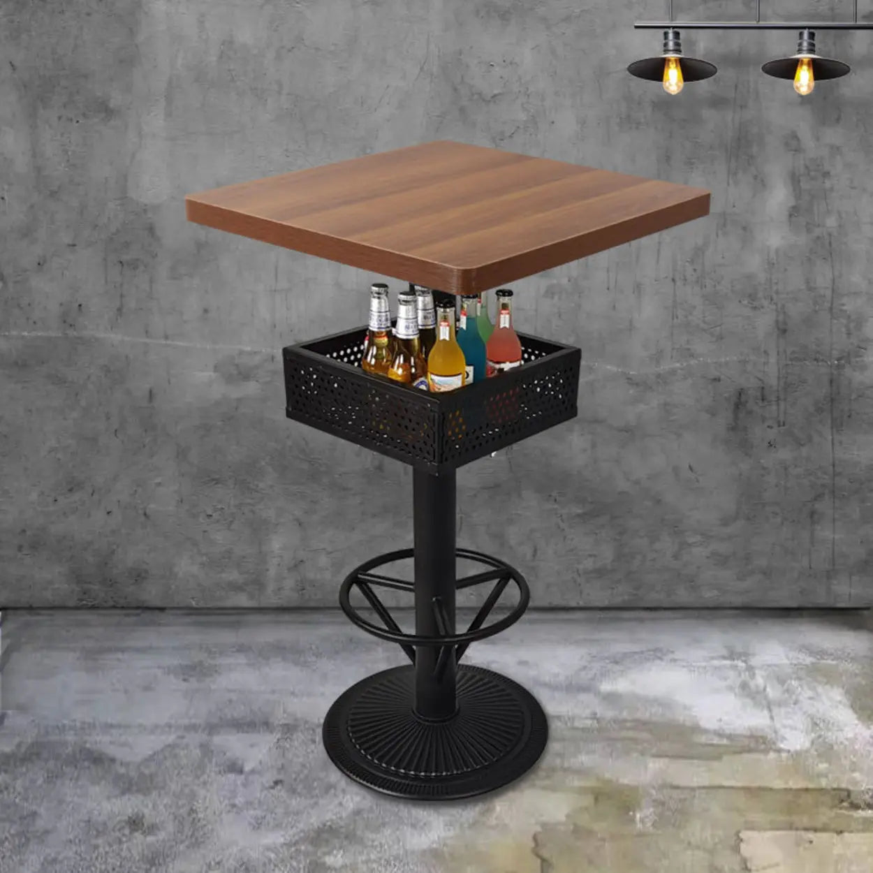 Industrial Black Small Round Bar Table with Shelf — Light Walnut / Round / Table Only