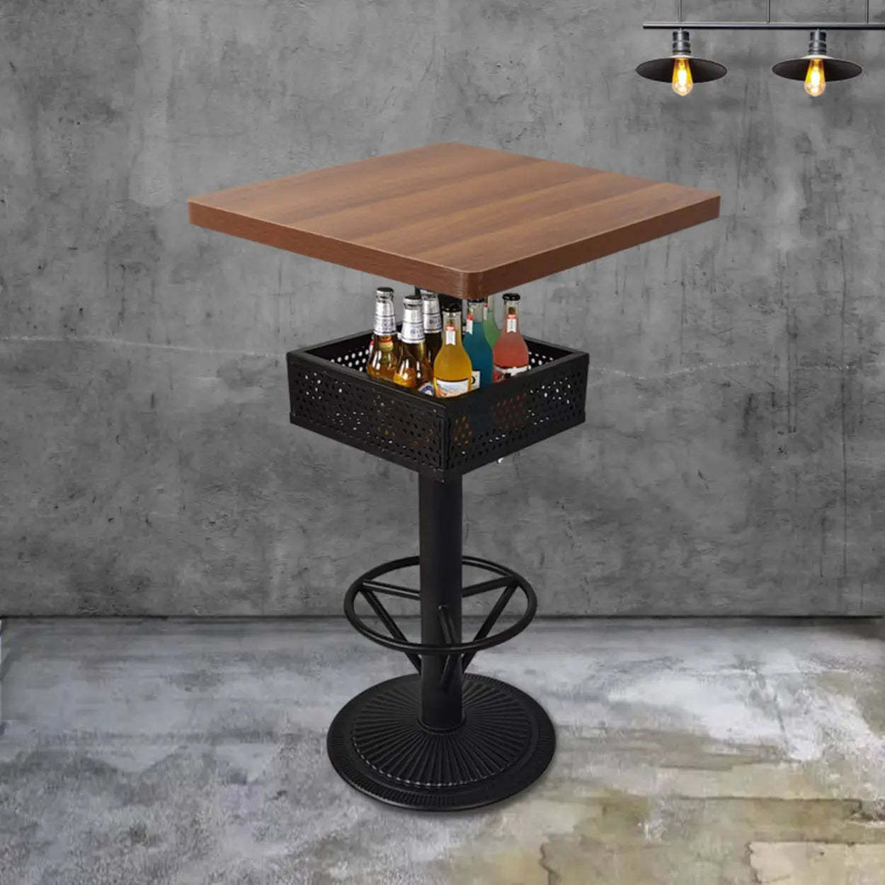 Industrial Black Small Round Bar Table with Shelf — Light Walnut / Round / Table Only