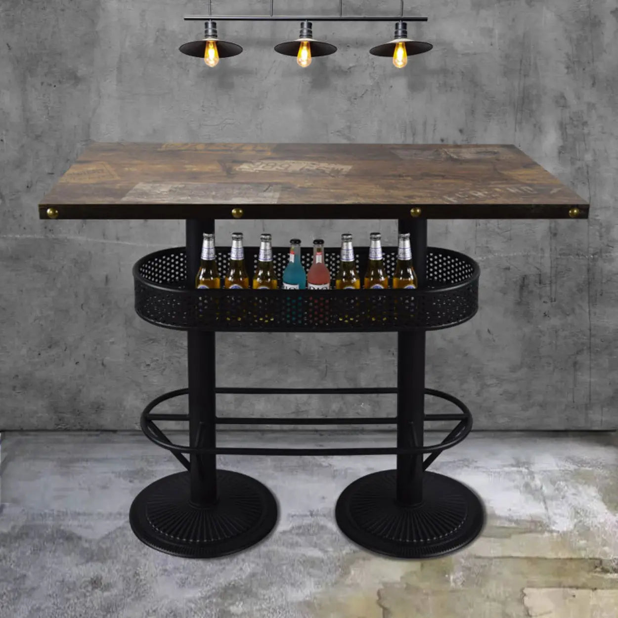 Industrial Black Small Round Bar Table with Shelf — Yellow/Brown / Rectangular / Table Only