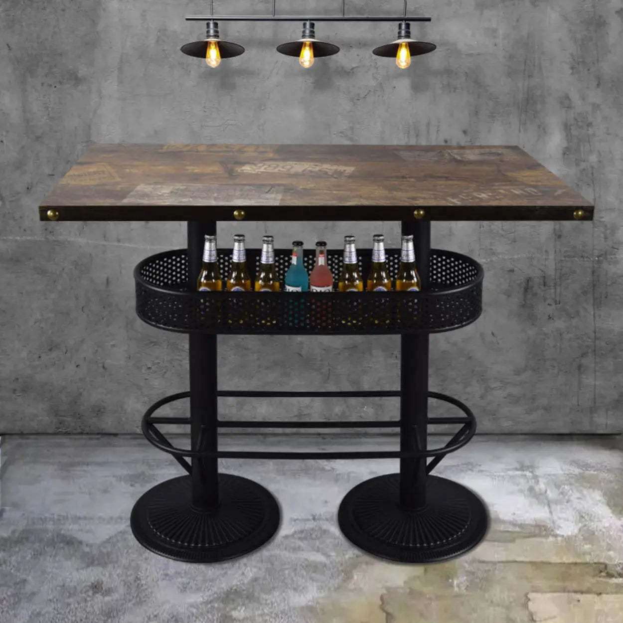 Industrial Black Small Round Bar Table with Shelf — Yellow/Brown / Rectangular / Table Only