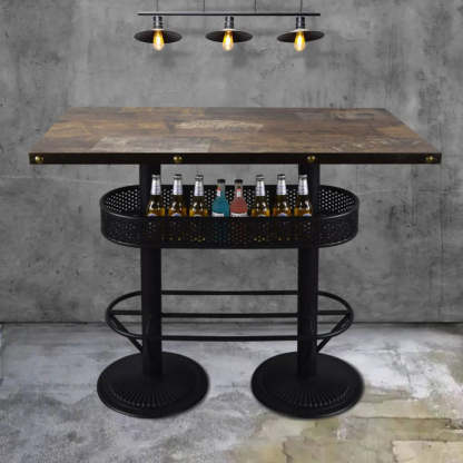 Industrial Black Small Round Bar Table with Shelf — Yellow/Brown / Rectangular / Table Only