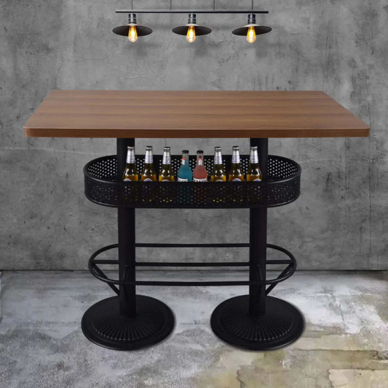 Industrial Black Small Round Bar Table with Shelf — Yellow/Brown / Round / Table Only