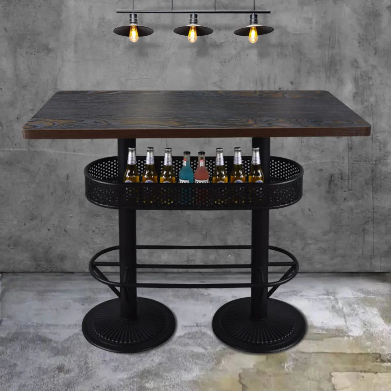 Industrial Black Small Round Bar Table with Shelf — White/Marbling / Square / Table Only