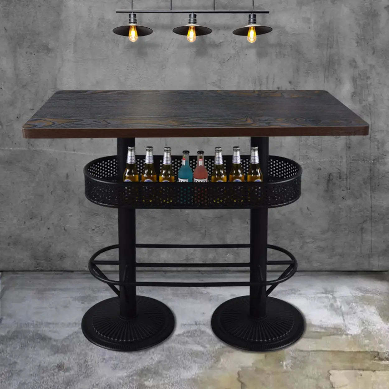 Industrial Black Small Round Bar Table with Shelf — White/Marbling / Square / Table Only