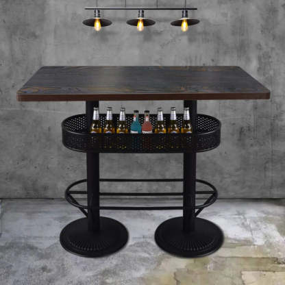 Industrial Black Small Round Bar Table with Shelf — White/Marbling / Square / Table Only