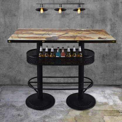 Industrial Black Small Round Bar Table with Shelf — White/Marbling / Round / Table Only
