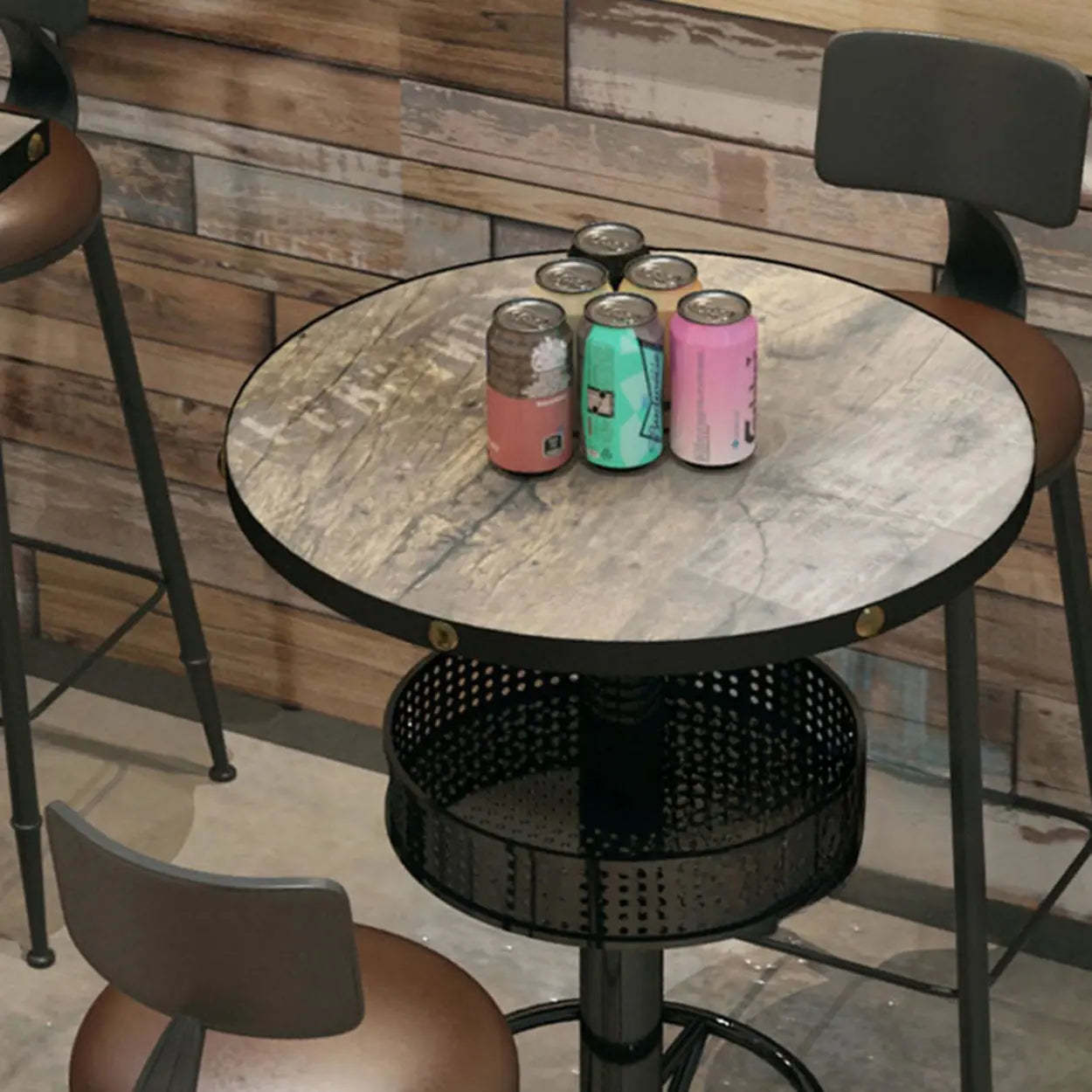 Industrial Black Small Round Bar Table with Shelf