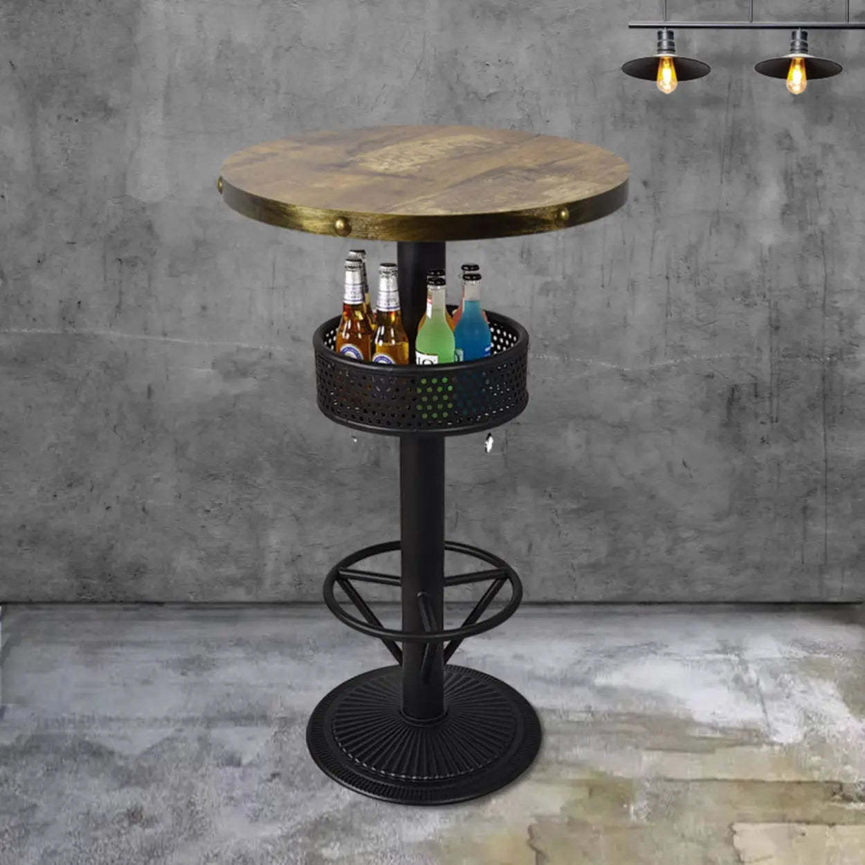 Industrial Black Small Round Bar Table with Shelf — Matte Black / Round / Table Only