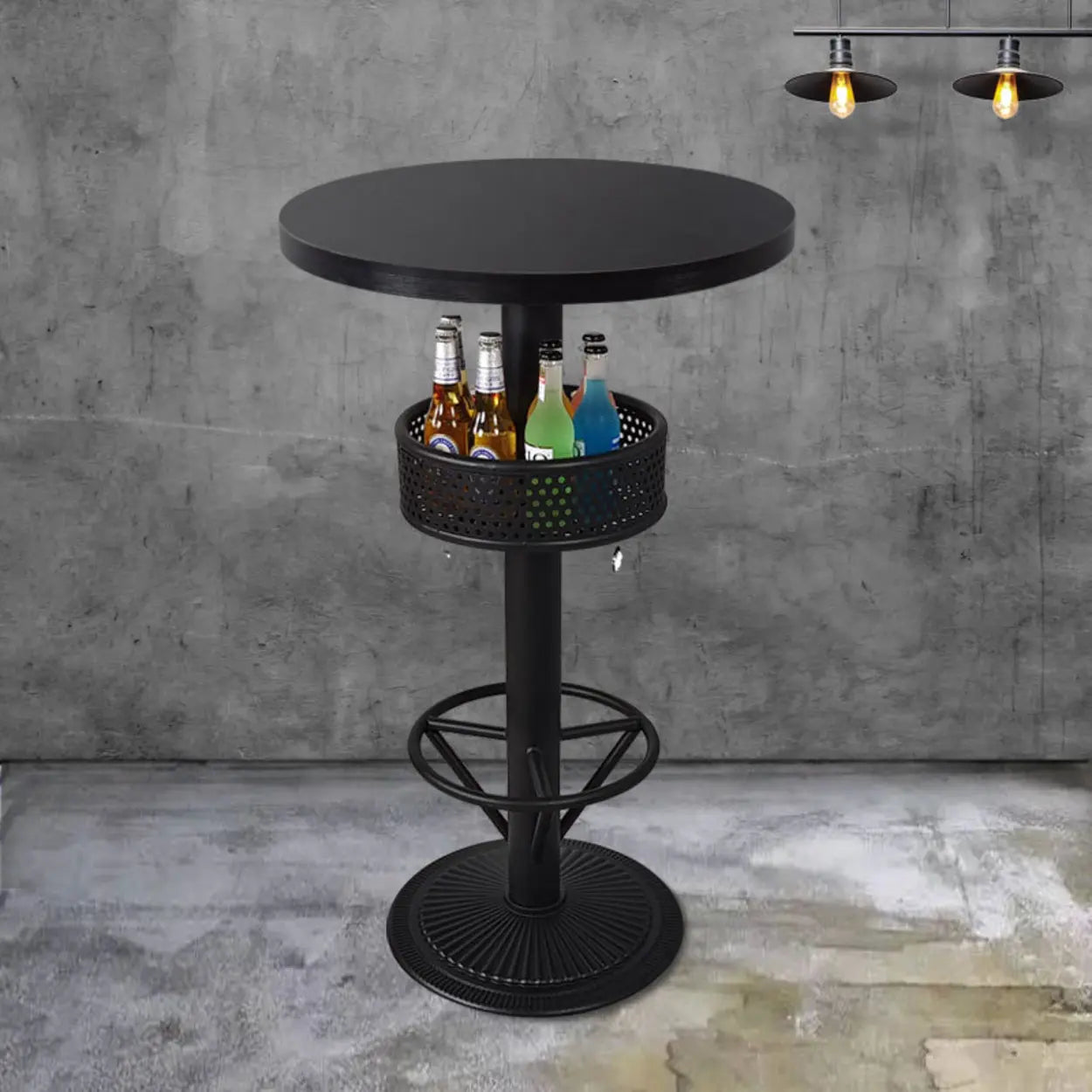 Industrial Black Small Round Bar Table with Shelf — Brown / Square / Table Only